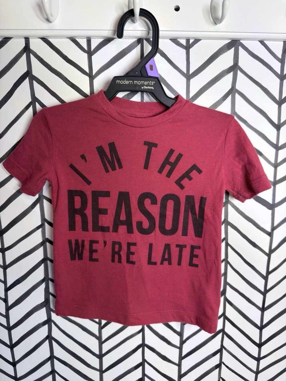 Mini Fine Red Black "I'm The Reason We're Late" T-Shirt Unisex Baby 12M 6048